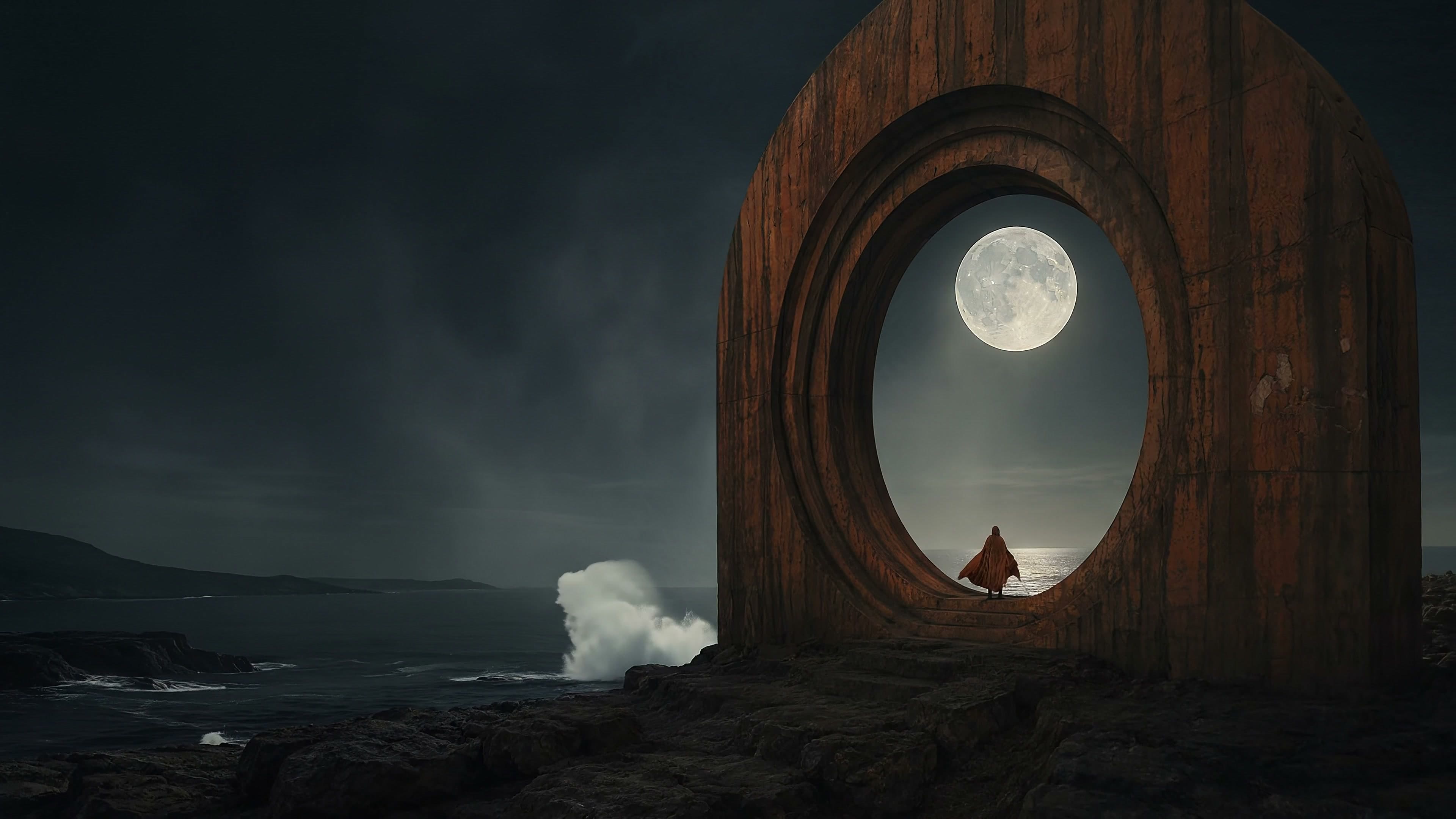 A lone explorer beneath a monumental terracotta portal framing the moon over a dark sea