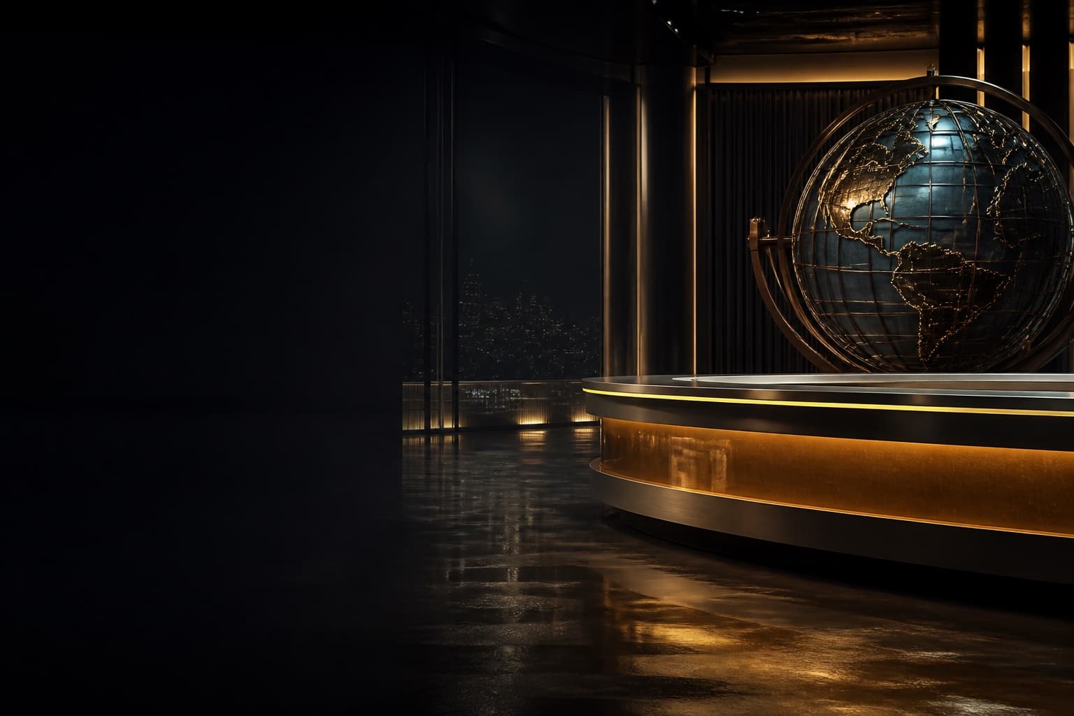 A globe beside a curved desk on a dark news set