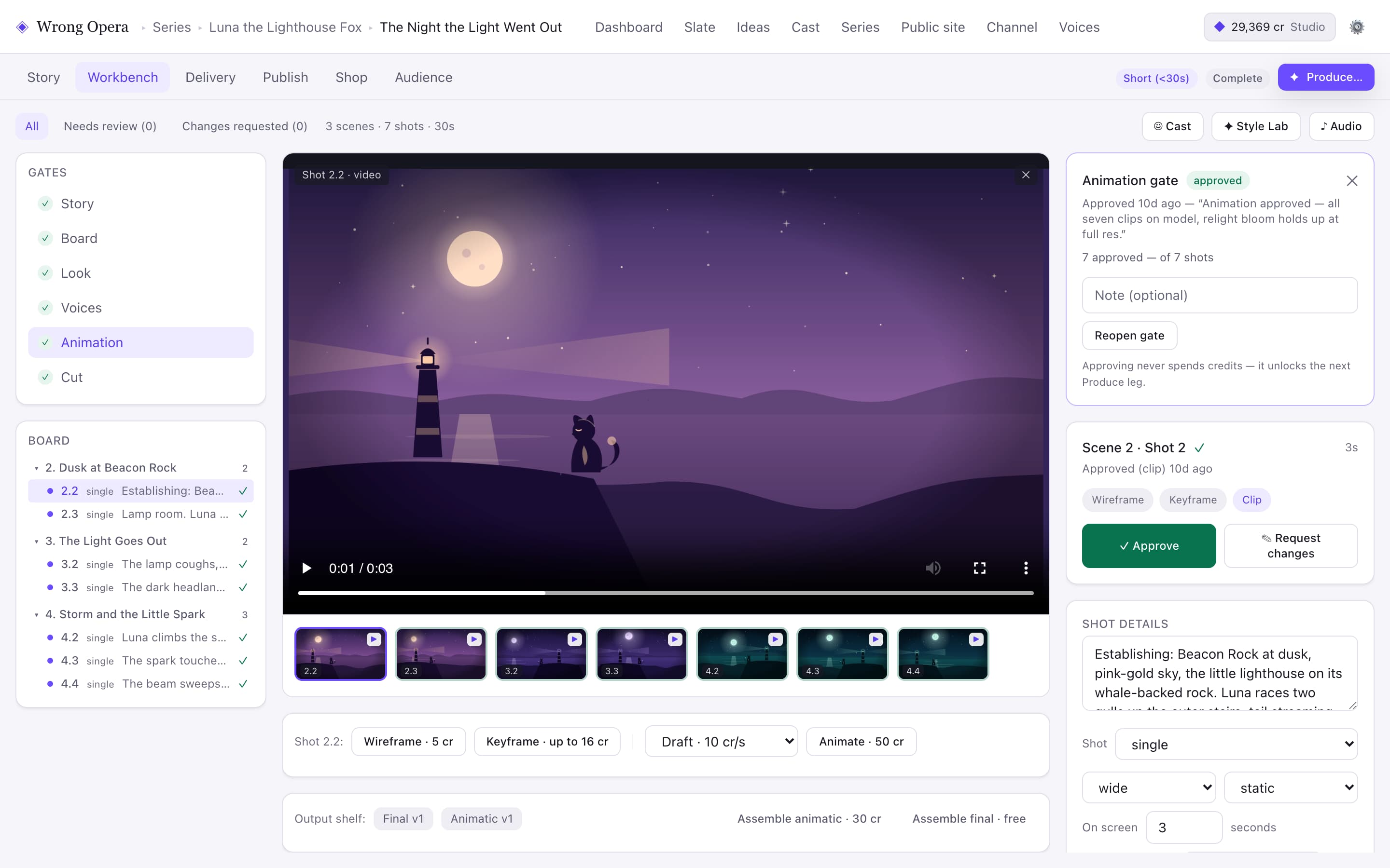 Wrong Opera demo project showing a paused lighthouse clip, shot thumbnails and animation review controls.