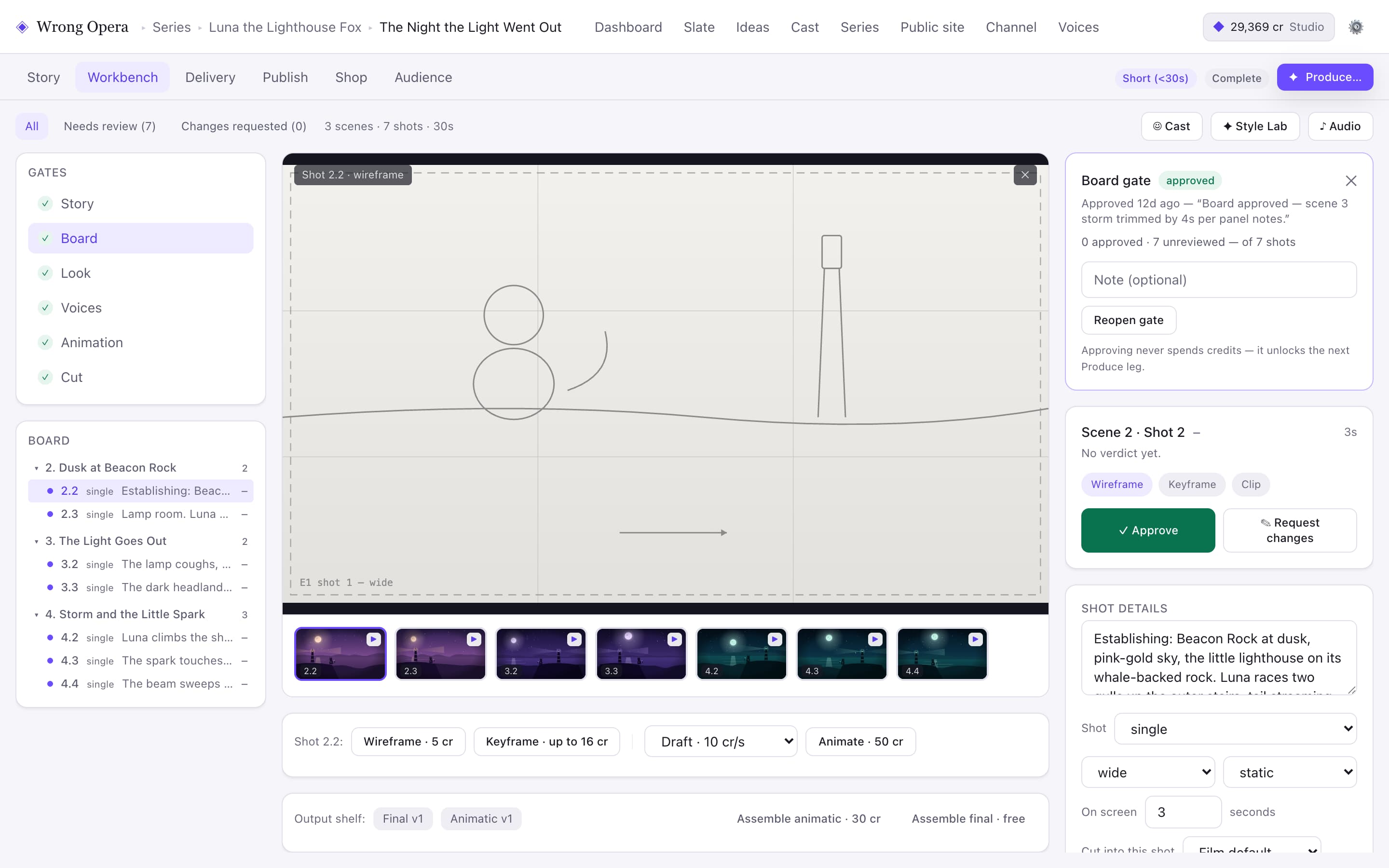 Wrong Opera demo project showing a shot board, wireframe preview and shot review controls.