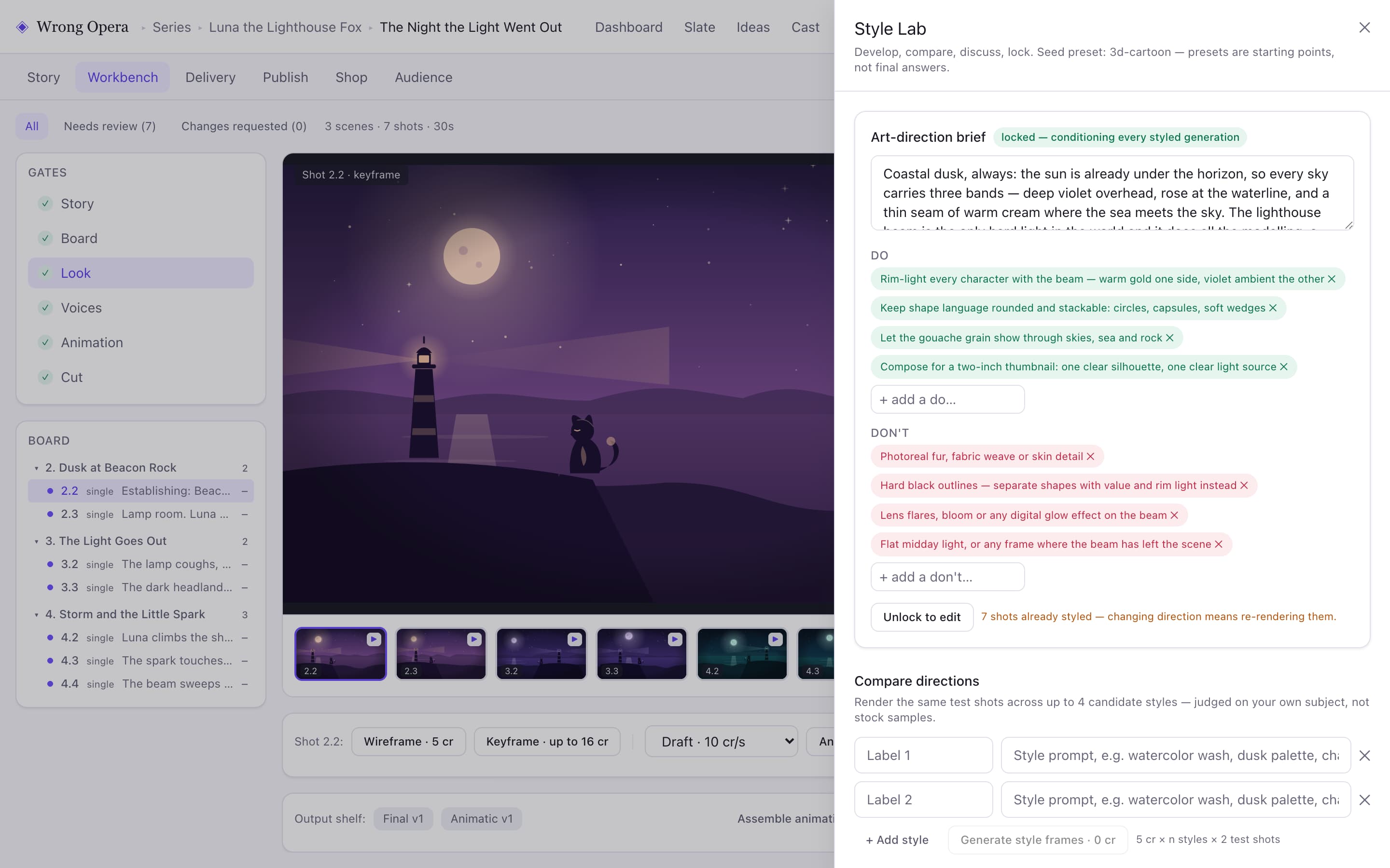 Wrong Opera demo project with the Style Lab open, showing an art direction brief and controls for comparing visual styles.