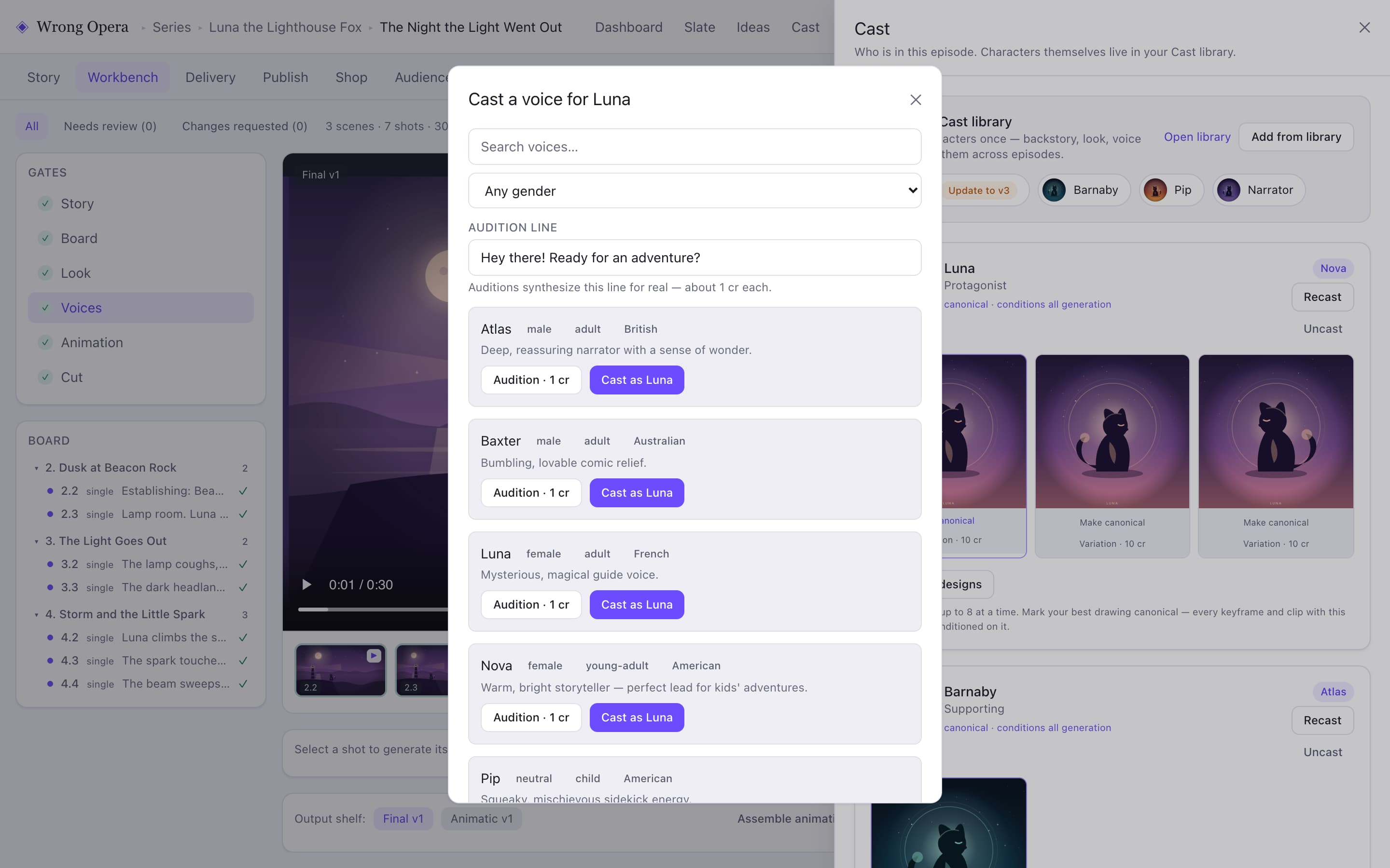 Wrong Opera demo project showing the voice picker for Luna, with voice profiles and audition controls.