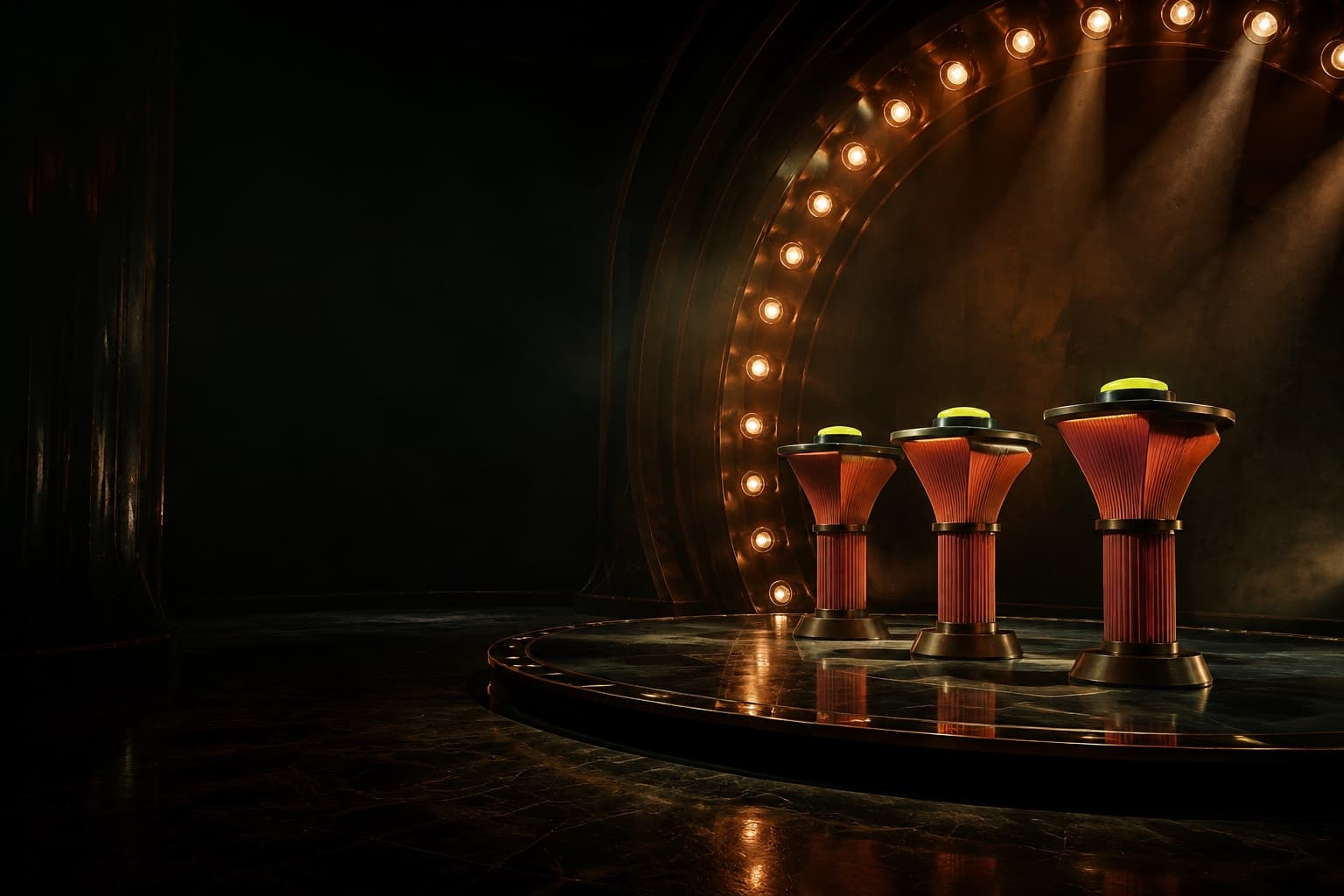 Three lit contestant podiums on a dark quiz-show stage