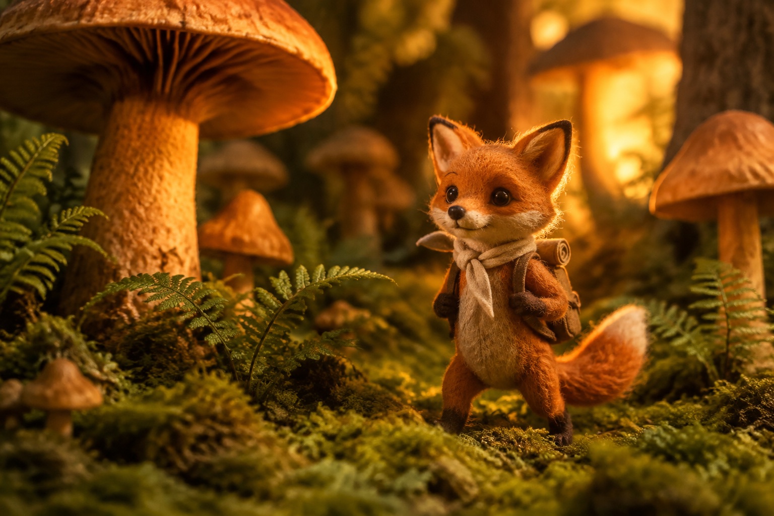 A handmade orange fox explorer in a miniature moss forest