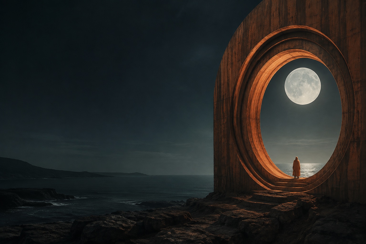 An explorer on a dark coast beside a monumental terracotta moon portal