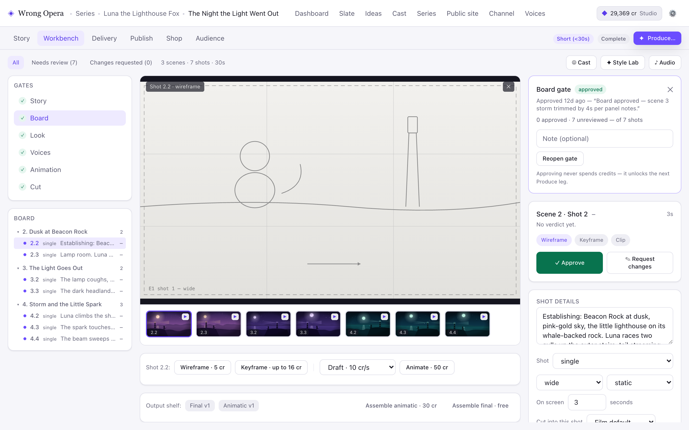 Wrong Opera Board interface for the fictional Luna the Lighthouse Fox sample project