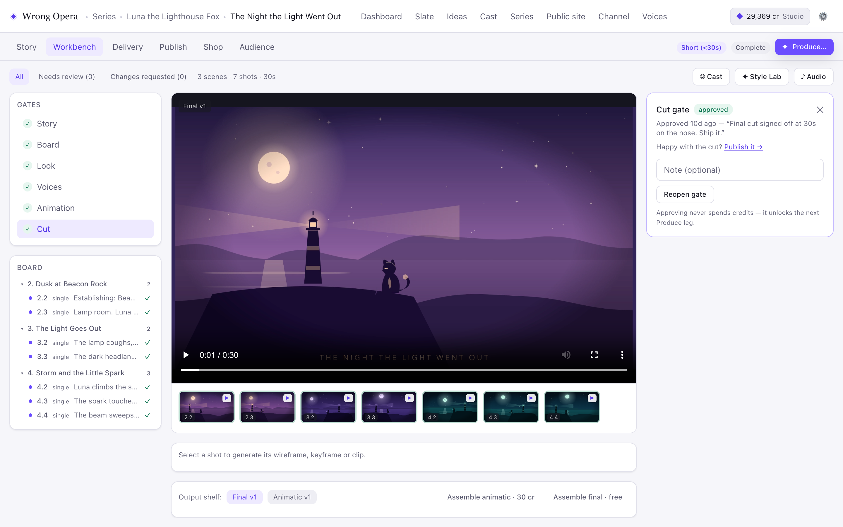 Wrong Opera Cut interface for the fictional Luna the Lighthouse Fox sample project