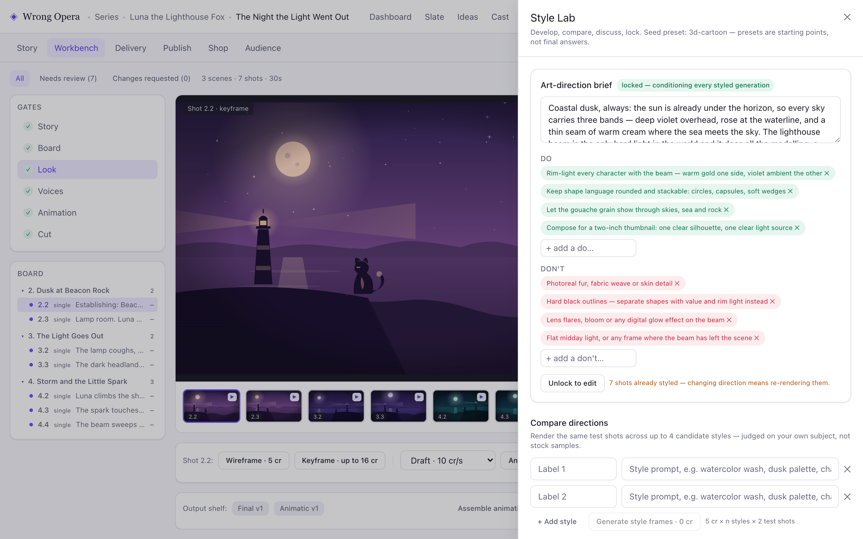 Wrong Opera Look interface showing the fictional Luna the Lighthouse Fox project