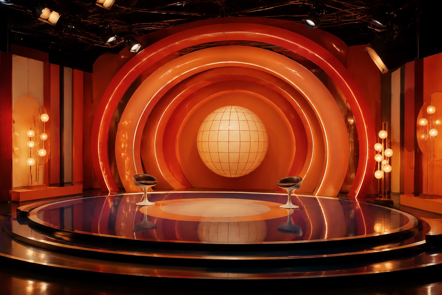 A colorful quiz-show-style stage with concentric vermilion arches